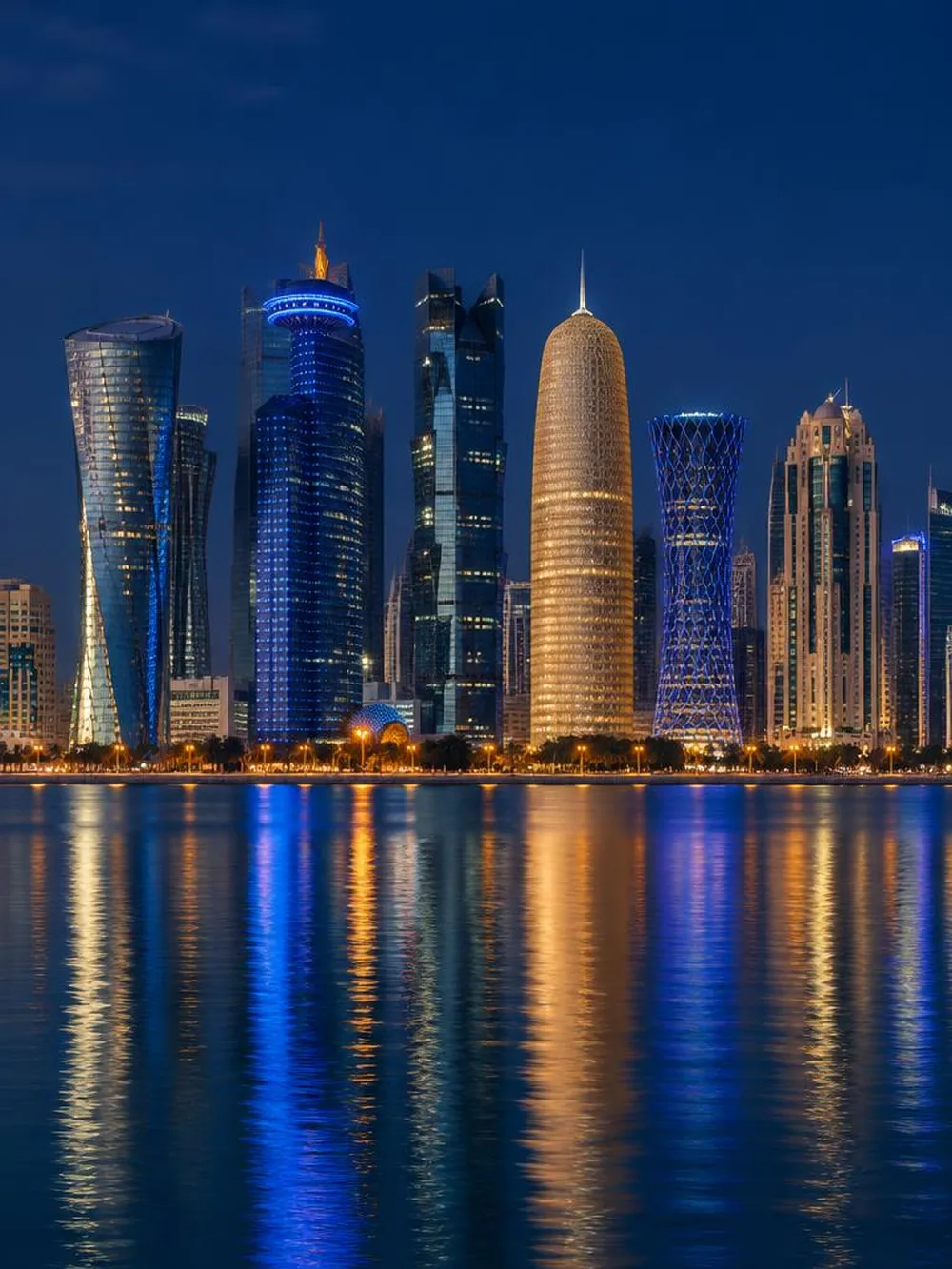 Doha West Bay skyline reflected in the water at dusk