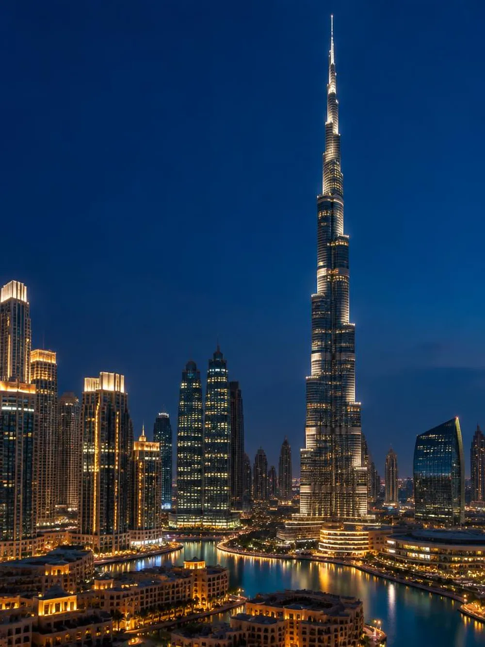 Burj Khalifa and downtown Dubai skyline at night