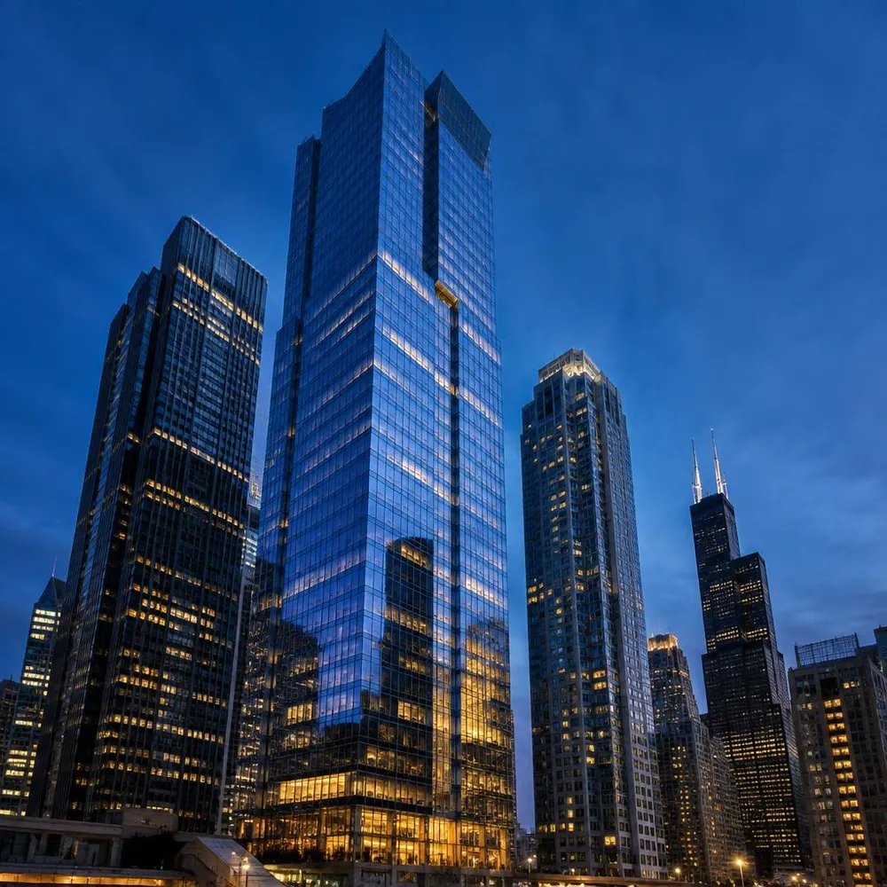 Chicago commercial towers and skyline at blue hour